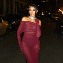 Neck Off Shoulder Mesh See Through High Slit Pullover Long Sleeve Summer Beach Maxi Dress Clothes