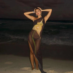 One Shoulder Printed See Through Mesh Summer High Slit Slim Beach Holiday Maxi Dress