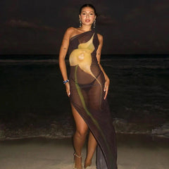 One Shoulder Printed See Through Mesh Summer High Slit Slim Beach Holiday Maxi Dress