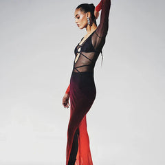New Fashion Gradient Mesh Deep Collar Hollow Long Sleeve Transparent Split Charming Maxi Dresses