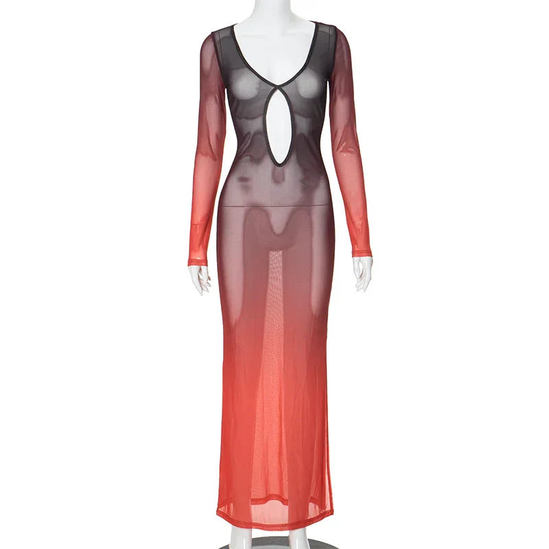 New Fashion Gradient Mesh Deep Collar Hollow Long Sleeve Transparent Split Charming Maxi Dresses