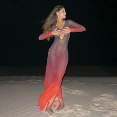 New Fashion Gradient Mesh Deep Collar Hollow Long Sleeve Transparent Split Charming Maxi Dresses