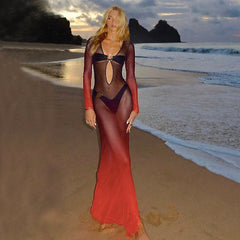New Fashion Gradient Mesh Deep Collar Hollow Long Sleeve Transparent Split Charming Maxi Dresses