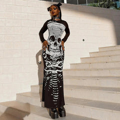 Gothic Skull Bones Skeleton Print O Neck Long Sleeve Split Casual Autumn Streetwear Maxi Dress