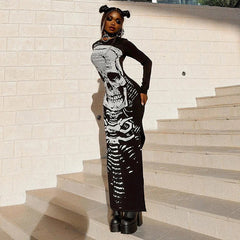 Gothic Skull Bones Skeleton Print O Neck Long Sleeve Split Casual Autumn Streetwear Maxi Dress