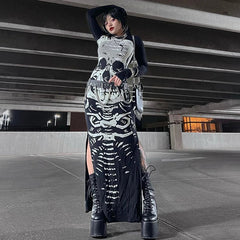 Gothic Skull Bones Skeleton Print O Neck Long Sleeve Split Casual Autumn Streetwear Maxi Dress