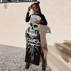 Gothic Skull Bones Skeleton Print O Neck Long Sleeve Split Casual Autumn Streetwear Maxi Dress
