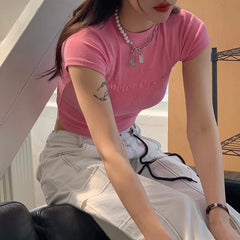 Casual Alphabet Embroidery Solid Color Round Neck Spice Slim Trend WomenT-shirt