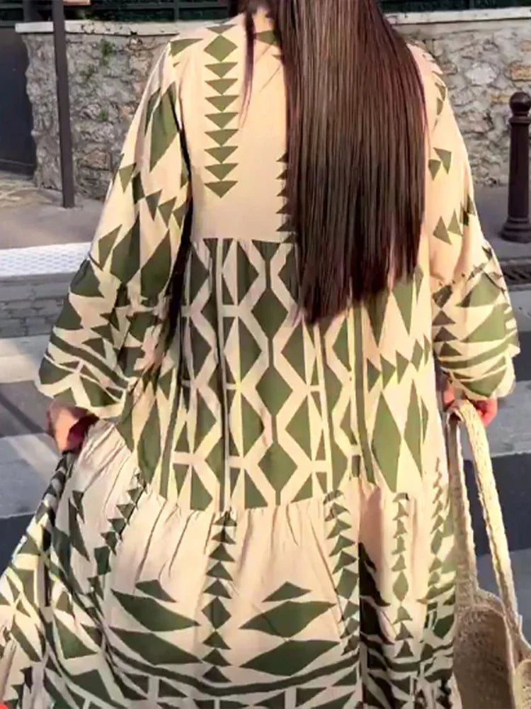 Vintage Print Sleeve Pleated Boho Dress