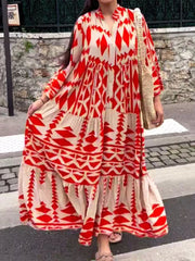 Vintage Print Sleeve Pleated Boho Dress