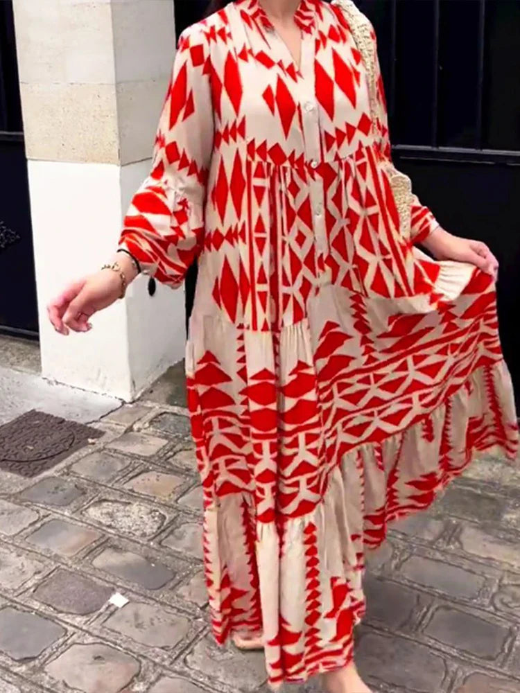 Vintage Print Sleeve Pleated Boho Dress