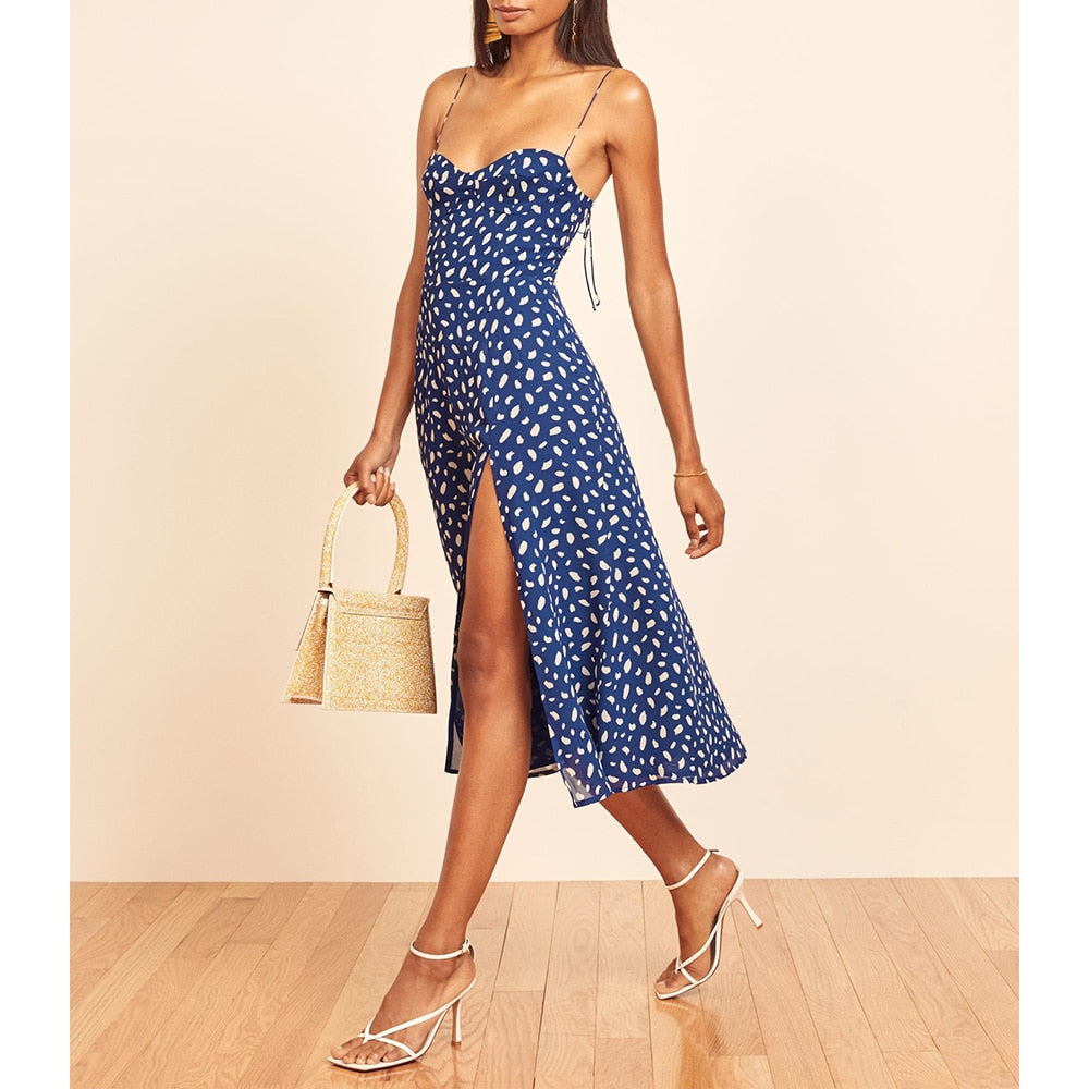 Neck Sleeveless Print Chiffon Midi Dress Strap Side High Slit Sexy Dress