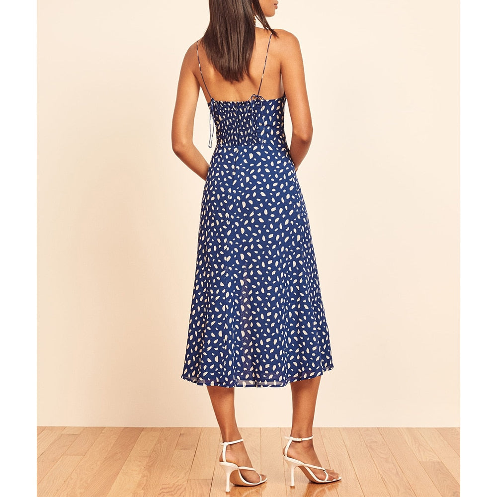 Neck Sleeveless Print Chiffon Midi Dress Strap Side High Slit Sexy Dress