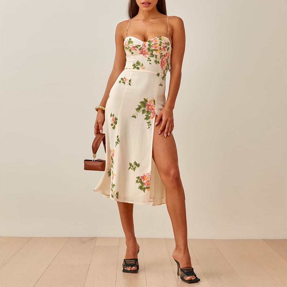 Neck Sleeveless Print Chiffon Midi Dress Strap Side High Slit Sexy Dress