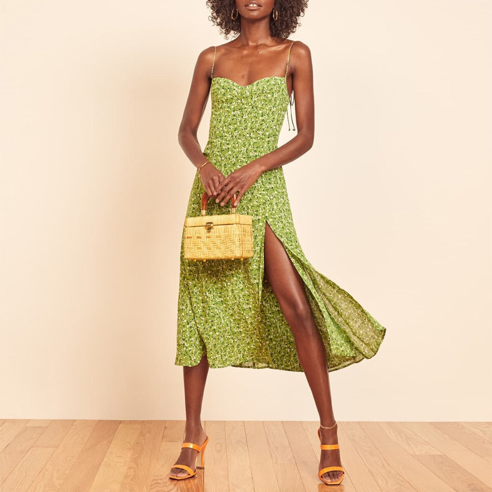 Neck Sleeveless Print Chiffon Midi Dress Strap Side High Slit Sexy Dress
