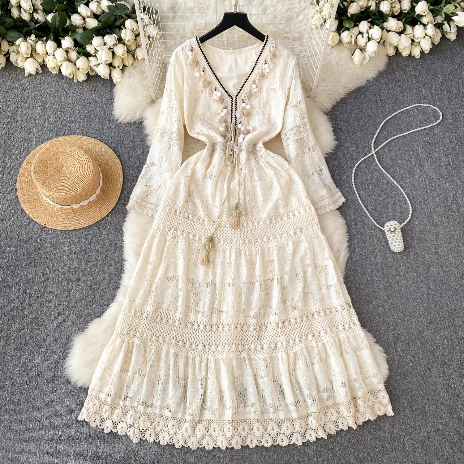 FashionSierra-Casual  V-neck  Flare Sleeve  Floral Lace  Vintage  Tassel  Long  Maxi  Summer Boho Dress