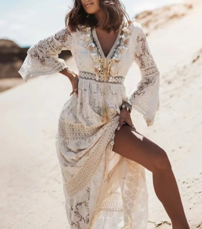 FashionSierra-Casual  V-neck  Flare Sleeve  Floral Lace  Vintage  Tassel  Long  Maxi  Summer Boho Dress