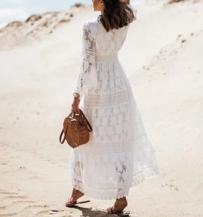 FashionSierra-Casual  V-neck  Flare Sleeve  Floral Lace  Vintage  Tassel  Long  Maxi  Summer Boho Dress