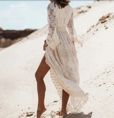 FashionSierra-Casual  V-neck  Flare Sleeve  Floral Lace  Vintage  Tassel  Long  Maxi  Summer Boho Dress