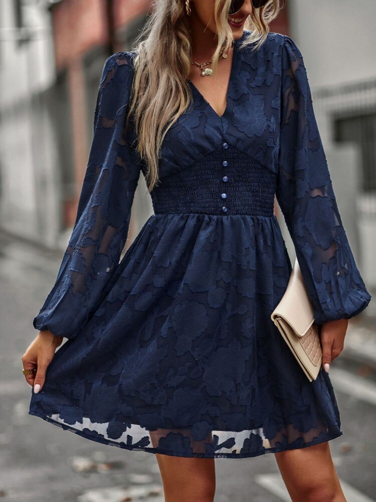 Chic Hook Flower Hollow Button Full Sleeve Mini Dress