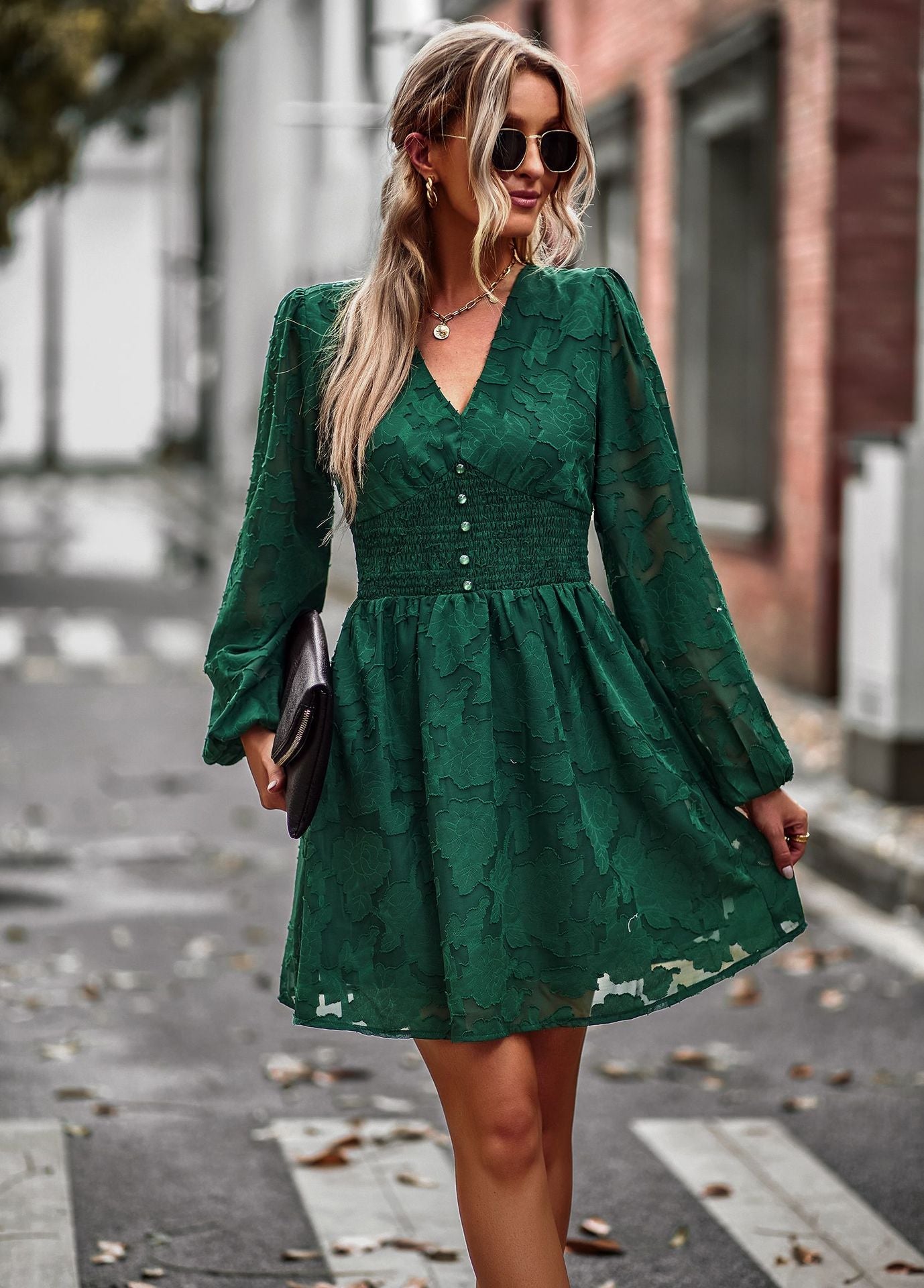 Chic Hook Flower Hollow Button Full Sleeve Mini Dress