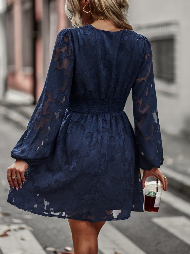 Chic Hook Flower Hollow Button Full Sleeve Mini Dress