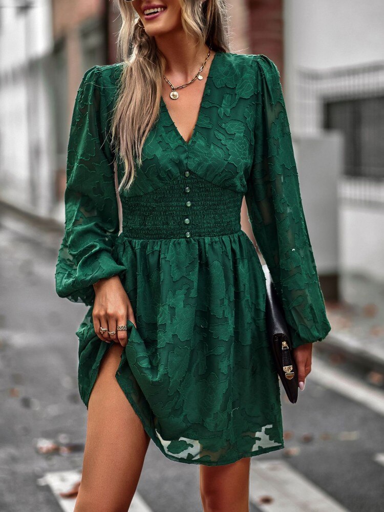 Chic Hook Flower Hollow Button Full Sleeve Mini Dress