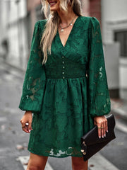Chic Hook Flower Hollow Button Full Sleeve Mini Dress