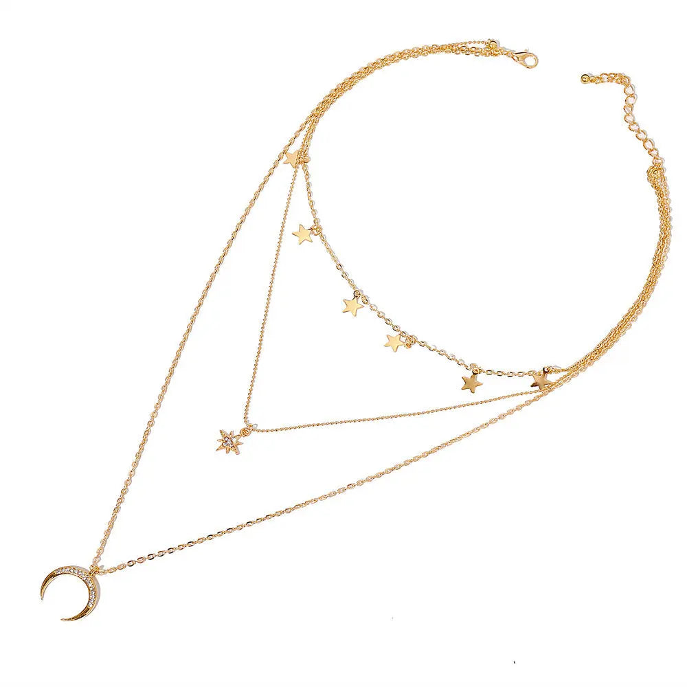 Clavicle Punk Golden Multilayer Moon Star Boho Crystal WomenNecklake