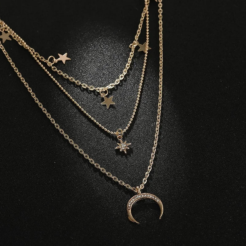 Clavicle Punk Golden Multilayer Moon Star Boho Crystal WomenNecklake