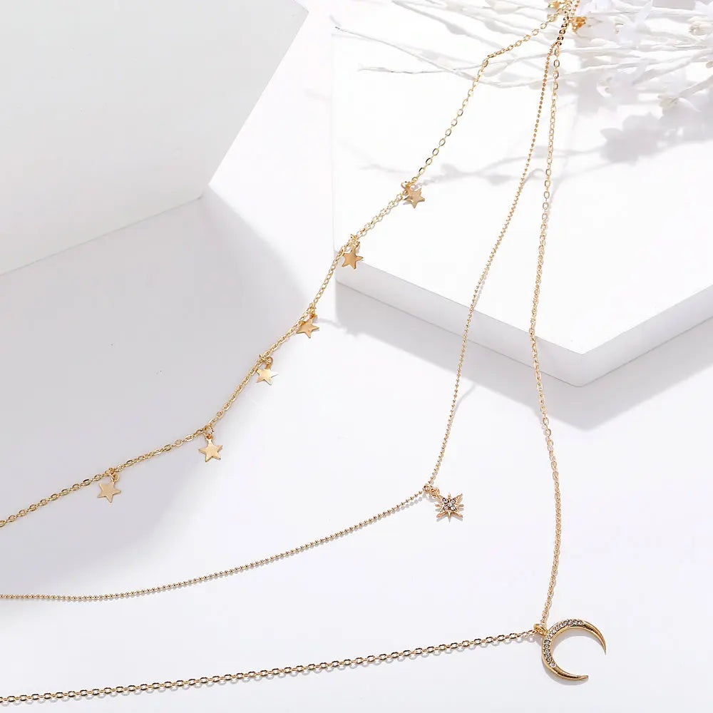 Clavicle Punk Golden Multilayer Moon Star Boho Crystal WomenNecklake