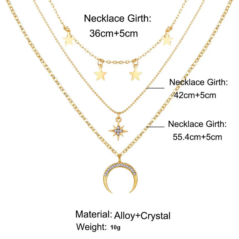 Clavicle Punk Golden Multilayer Moon Star Boho Crystal WomenNecklake