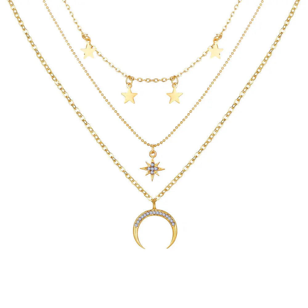 Clavicle Punk Golden Multilayer Moon Star Boho Crystal WomenNecklake