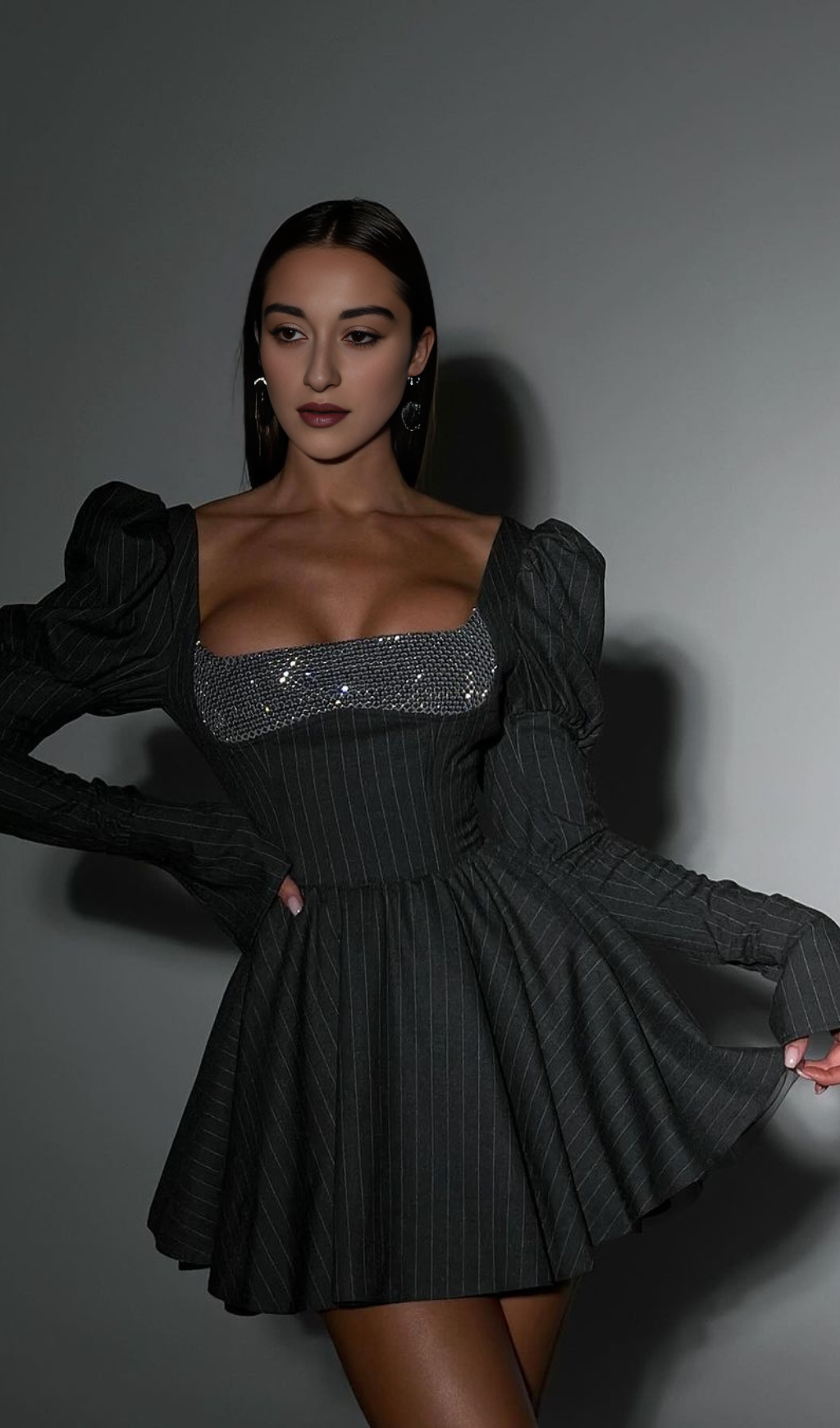 PUFF LONG SLEEVE CRYSTAL CORSET A LINE DRESS IN BLACK