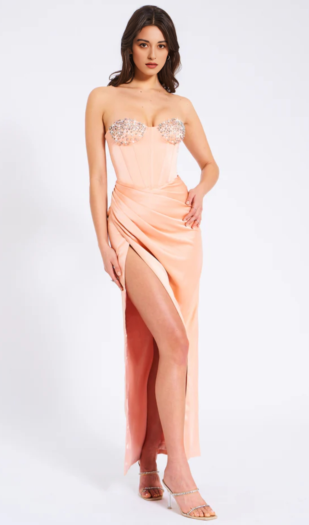 BLUSH SATIN CORSET SLIT GOWN WITH CRYSTAL EMBELLISHED