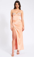 BLUSH SATIN CORSET SLIT GOWN WITH CRYSTAL EMBELLISHED