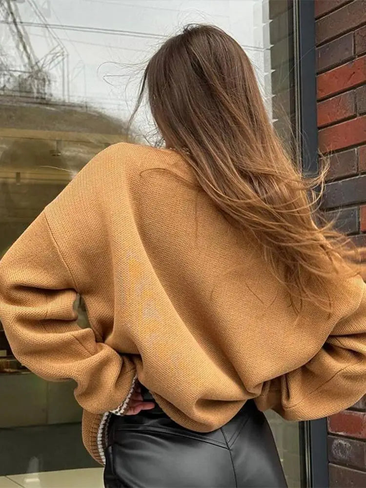 Contrast Letter Print Loose Knitted Casual O Neck Long Sleeve Sweater