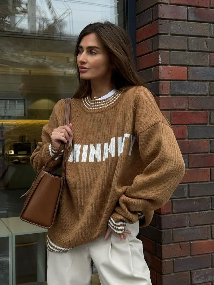 Contrast Letter Print Loose Knitted Casual O Neck Long Sleeve Sweater