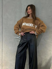 Contrast Letter Print Loose Knitted Casual O Neck Long Sleeve Sweater