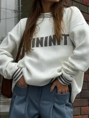 Contrast Letter Print Loose Knitted Casual O Neck Long Sleeve Sweater