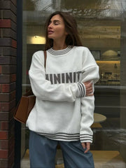 Contrast Letter Print Loose Knitted Casual O Neck Long Sleeve Sweater