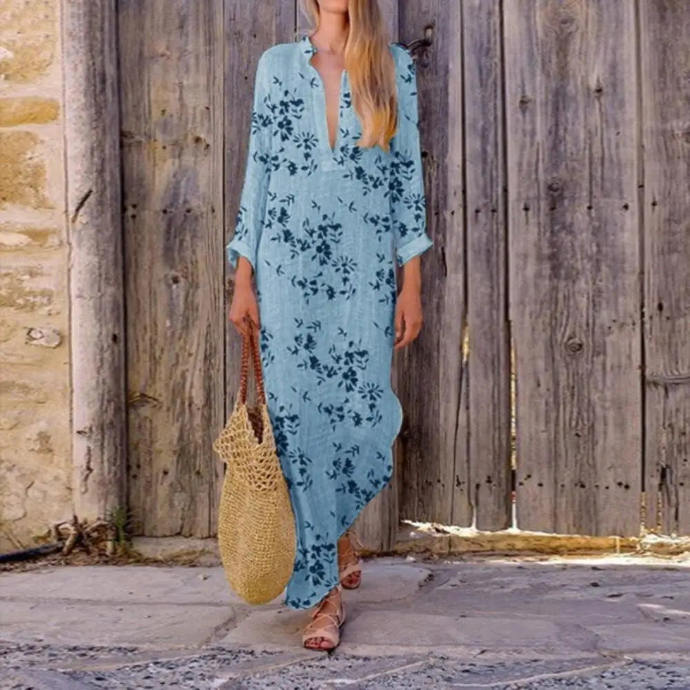Spring Casual V-Neck Slit Maxi Tunic Boho Dress