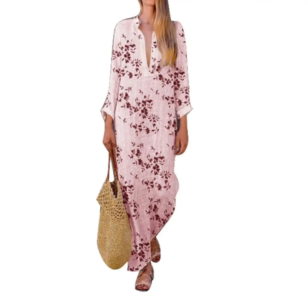 Spring Casual V-Neck Slit Maxi Tunic Boho Dress