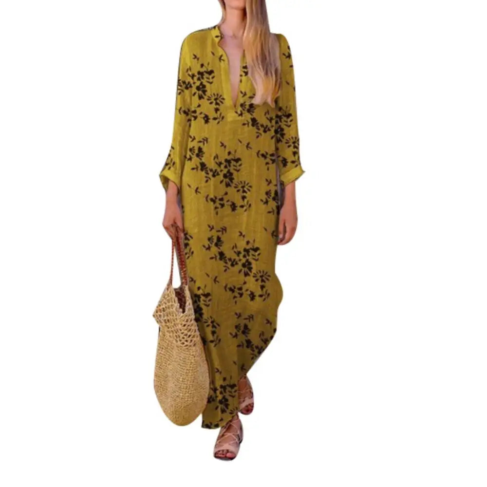 Spring Casual V-Neck Slit Maxi Tunic Boho Dress