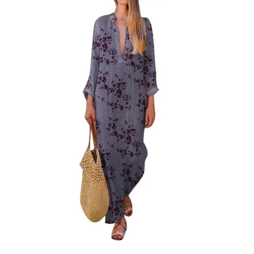 Spring Casual V-Neck Slit Maxi Tunic Boho Dress