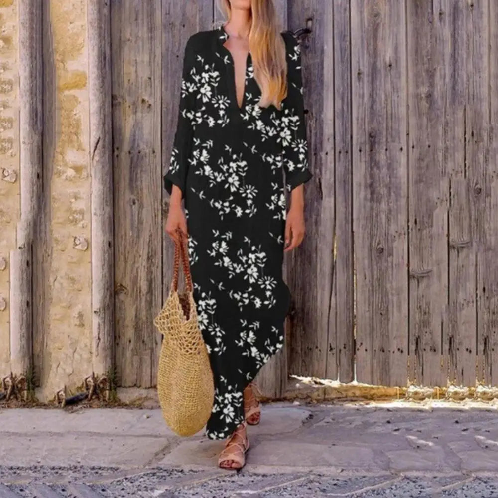 Spring Casual V-Neck Slit Maxi Tunic Boho Dress