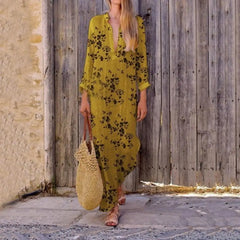 Spring Casual V-Neck Slit Maxi Tunic Boho Dress