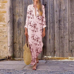 Spring Casual V-Neck Slit Maxi Tunic Boho Dress