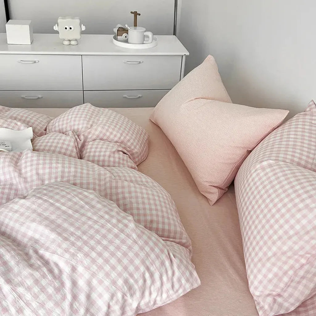 Cotton Small Gingham Duvet Cover - Baby Pink