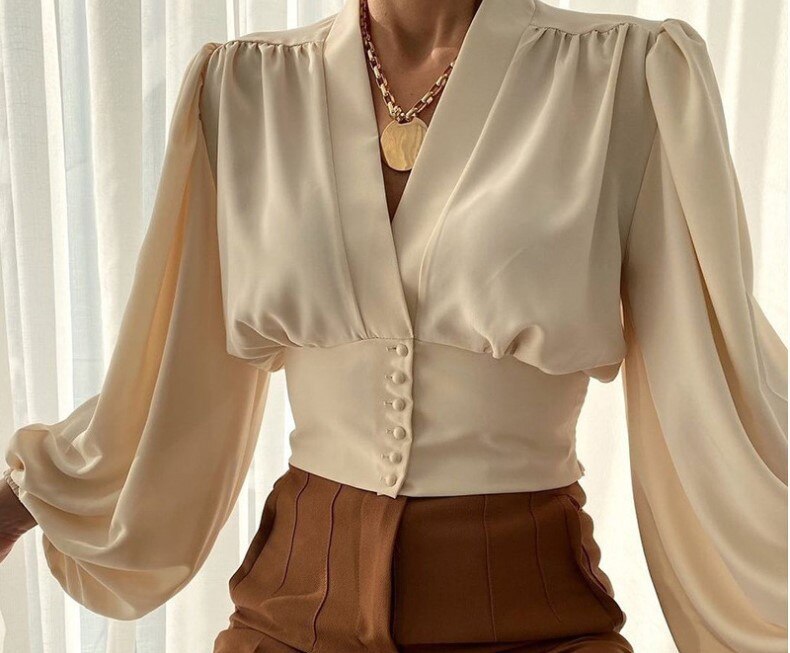 V-neck Lantern Sleeve Patchwork Printing Blouse